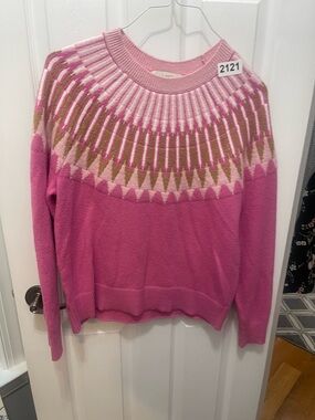 LOFT Pink Fair Isle Crewneck Sweater with Cream and Tan Yoke